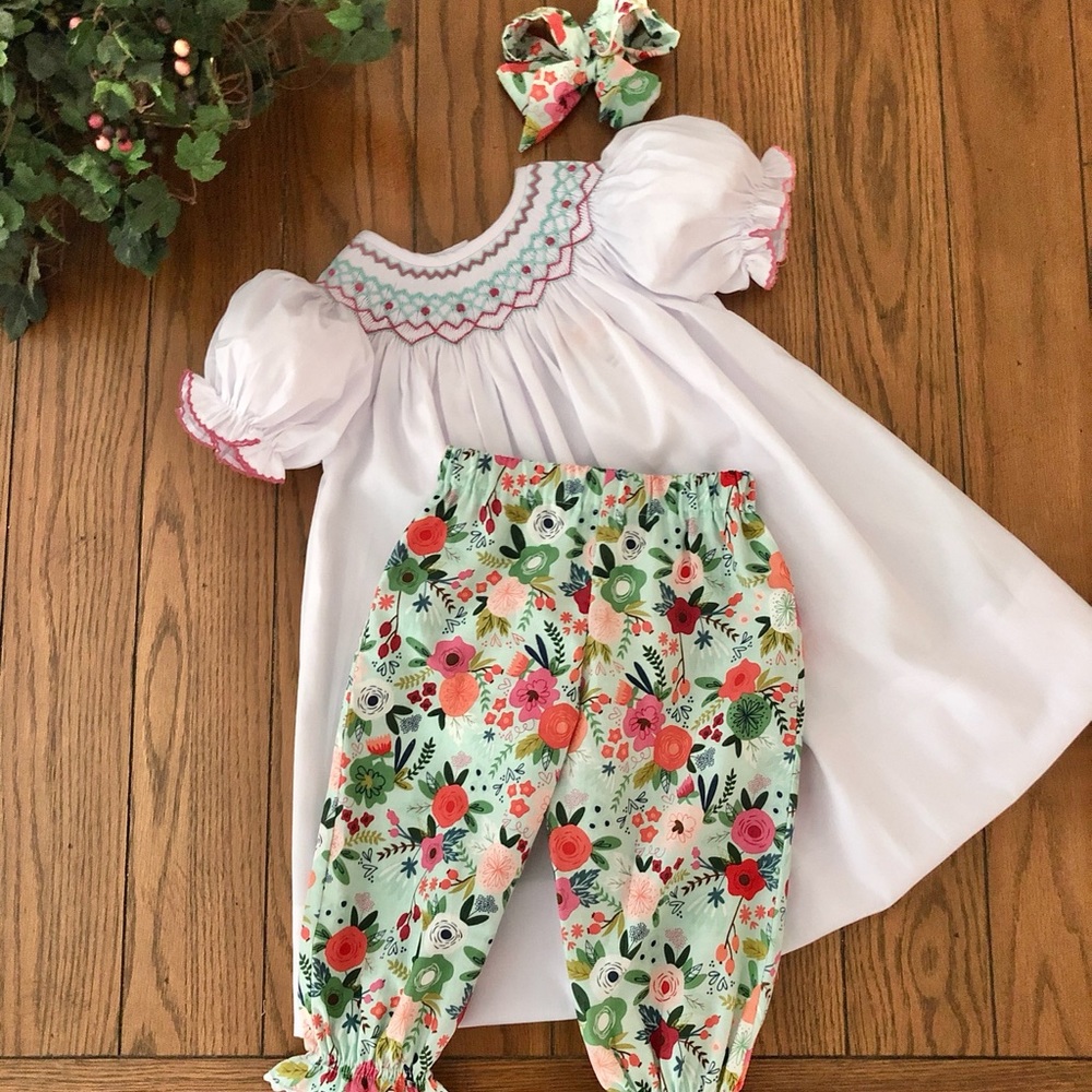 Lovely Smocked Dress with Pantaloons and Bow Set